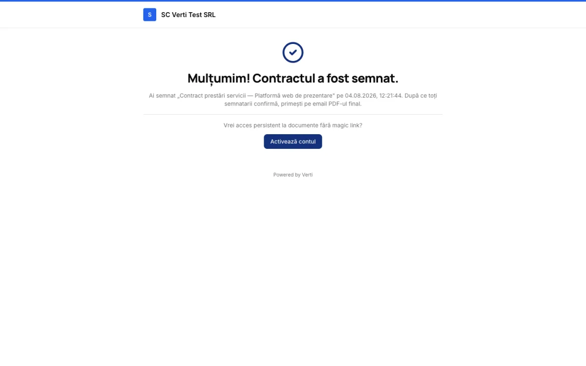 Confirmarea semnării: documentul e semnat, PDF-ul oficial pleacă automat pe email