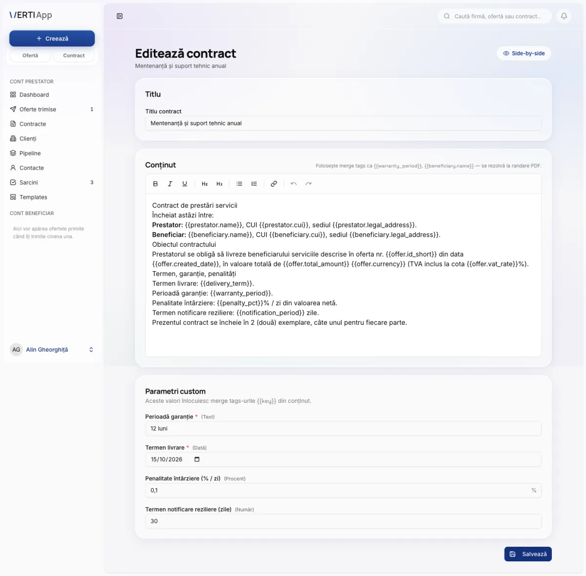 Editorul de contract: clauze editabile, cu merge tags vizibile
